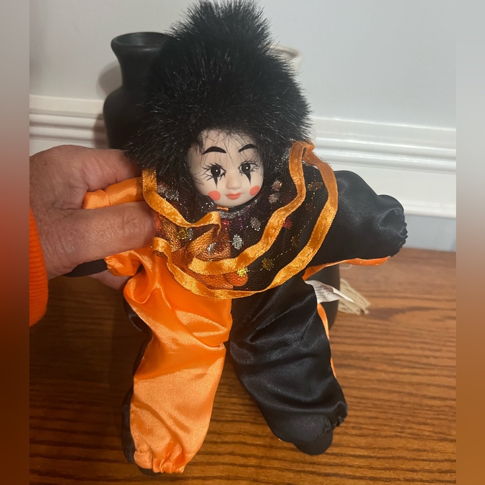 Black and Orange Clown Doll with Fur Hat - Picture 4 of 4